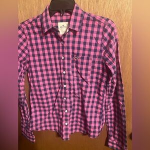 Hollister Pink/Blue Plaid Long Sleeve Button Down Shirt Size Small